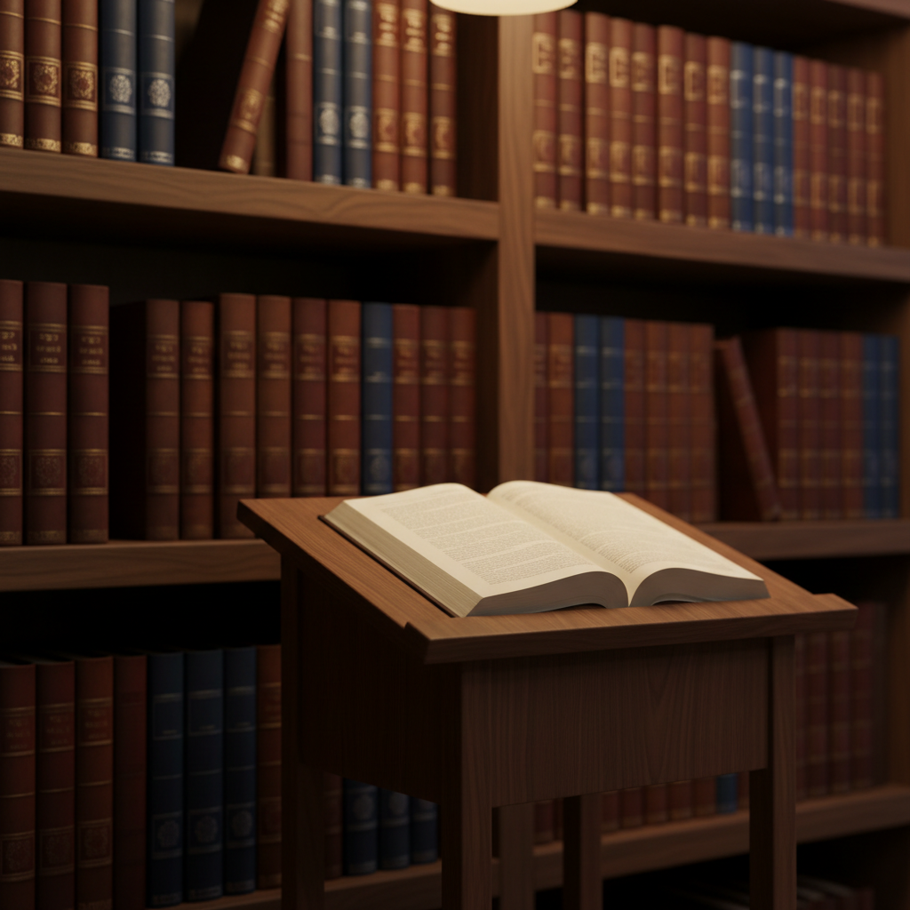 A richly detailed bookshelf scene symbolizing a serious yet welcoming Sephardic learning environment, rendered in high-end digital art. Sturdy, dark walnut shelves hold rows of leather-bound sefarim in deep maroons, browns, and midnight blues, their spines adorned with subtle embossed patterns instead of readable text or symbols. A finely grained wooden shtender stands in the foreground with an open, textless book whose pages are delicately illuminated. Warm, indirect lamplight from an unseen source above casts a golden, contemplative glow, creating gentle gradients on the spines and soft shadows along the shelf edges. Viewed at a slightly low angle with a shallow depth of field, the front books and shtender are in crisp focus while the background softly blurs, evoking a sense of depth, tradition, and intellectual warmth without depicting any people.
