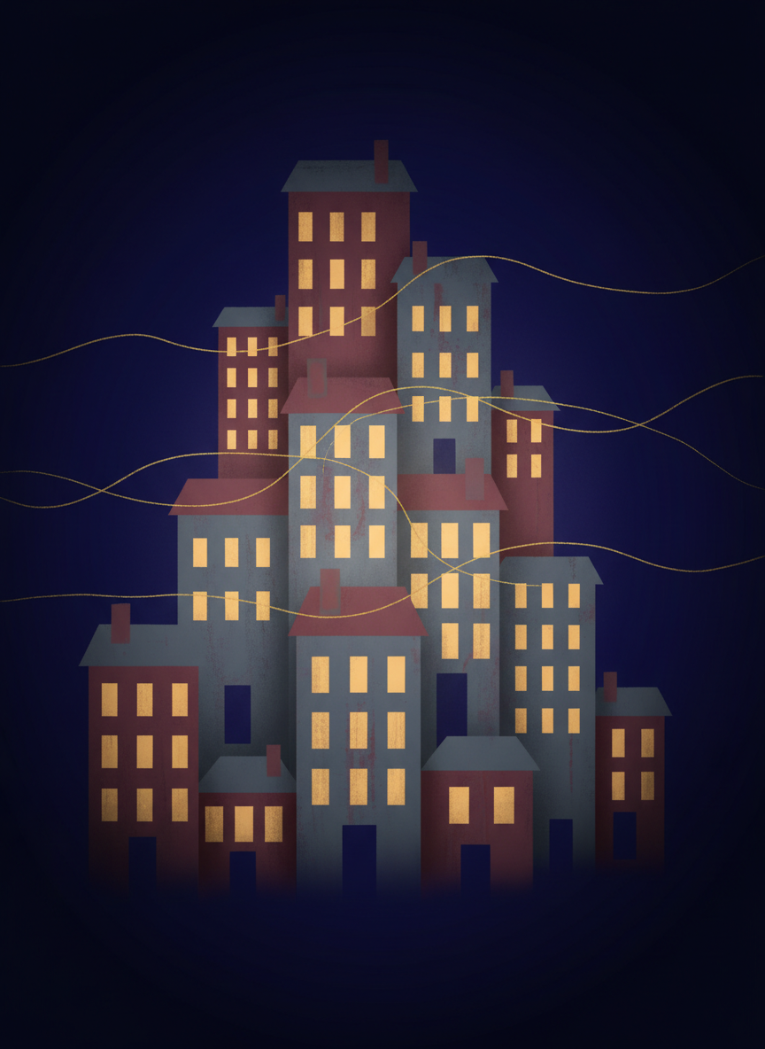 A symbolic digital artwork representing the rhythm of Shabbat in the Atarah Sephardic Minyan community using abstract architectural forms instead of literal imagery. Stylized, stacked townhouse silhouettes in muted brick reds and cool grays rise against a deep, velvety indigo sky. Warm, glowing rectangles suggest illuminated windows, arranged in a patterned progression that feels like a repeating liturgical rhythm. Thin, golden linear accents sweep horizontally across the composition, hinting at musicality and continuity. A soft, ambient light seems to radiate from the clustered buildings’ center, subtly brightening nearby forms while the edges fall into calm shadow. Composed with layered depth and a gentle vignette, the image feels contemplative, urban, and spiritually resonant, ideal for illustrating the idea of a growing, neighborhood-based Sephardic minyan in Washington, DC without depicting people or explicit symbols.