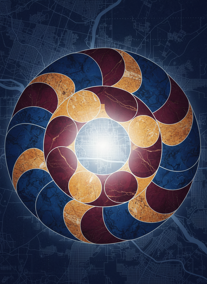An abstract, stylized digital artwork representing a Sephardic minyan community in Washington, DC, without showing people. Interlocking, jewel-toned shapes in deep blues, rich burgundies, and warm golds form an overhead pattern reminiscent of a gathering circle seen from above, each shape subtly distinct in texture, like woven fabrics and polished stone. Hints of a city grid and Potomac river curves are embedded as fine linear details in the background. A soft, diffused light appears to emanate from the center, creating a calm, contemplative glow. The composition follows the rule of thirds, with the brightest focal area slightly off-center, suggesting unity and growth. The overall mood is sophisticated, spiritual, and welcoming, with a clean, modern aesthetic suitable for a nonprofit community homepage hero image.