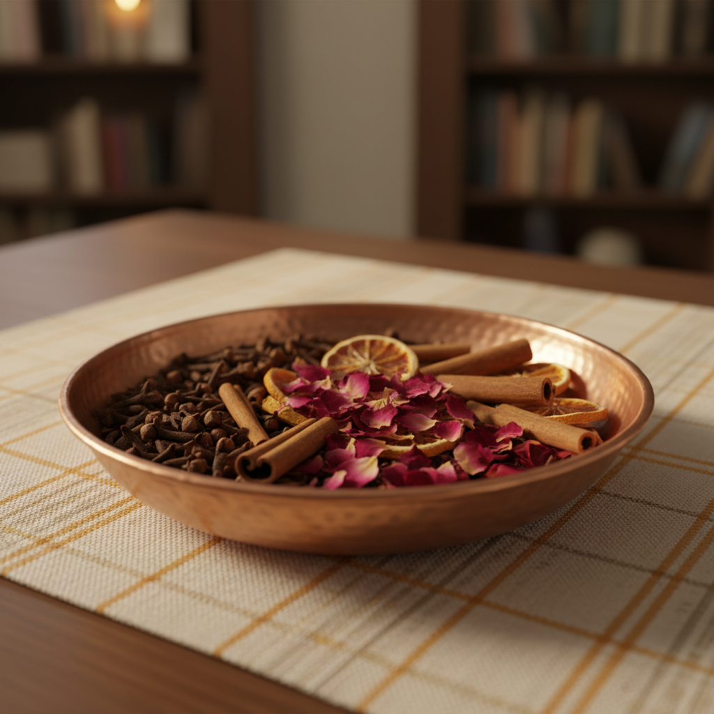 A close-up digital artwork of a traditional Sephardic spice blend arranged for Havdalah, emphasizing texture and elegance without decorative icons. A shallow, hand-hammered copper bowl rests on a finely woven, cream-and-ochre table runner with subtle geometric patterns. Inside the bowl, whole cloves, cinnamon sticks, dried orange peel, and delicate rose petals are meticulously arranged in a circular motif, their surfaces rendered with almost tactile realism. Soft, diffused candlelight from the side creates gentle highlights on the copper’s patina and rich, warm shadows between the spices. The background is intentionally blurred, hinting at an upscale, book-lined room without distinct objects. Shot from a slightly elevated angle with careful framing, the scene feels intimate, refined, and deeply sensory, evoking the close of Shabbat in a sophisticated Sephardic community setting.