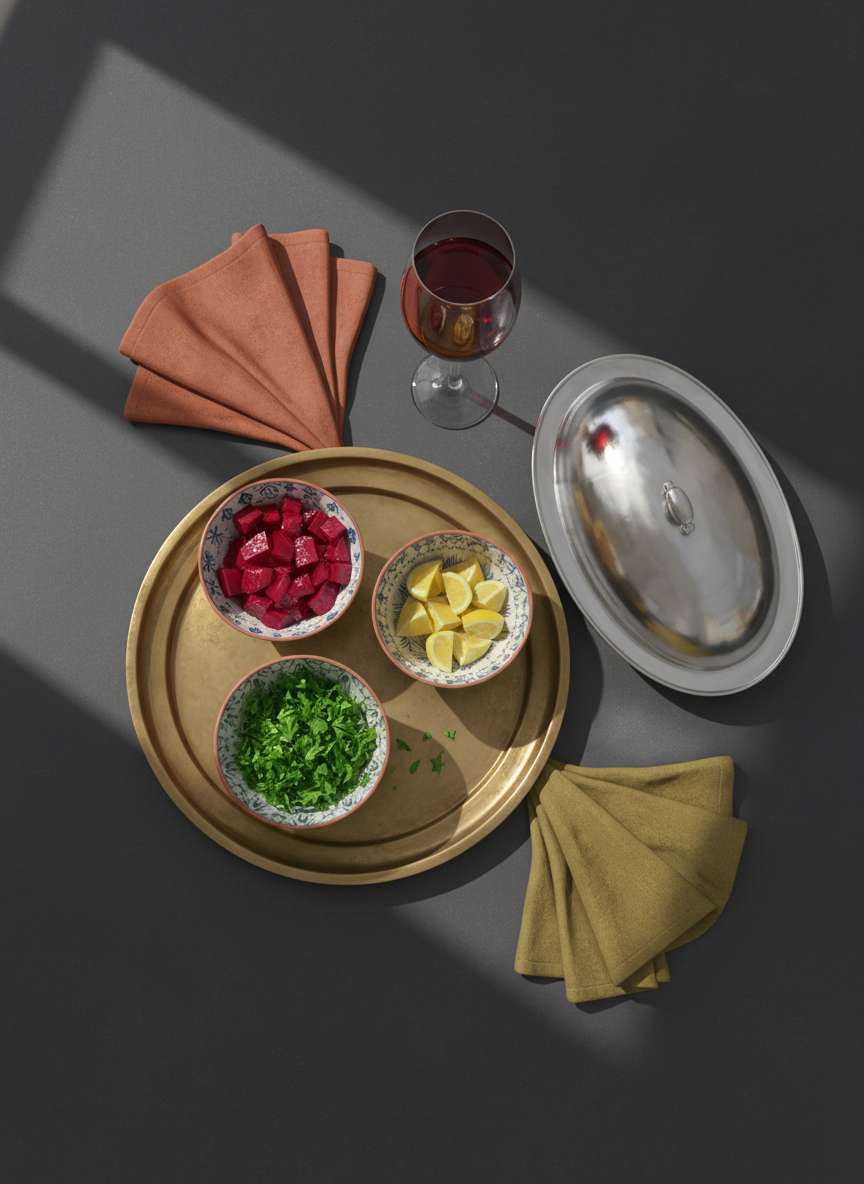 An overhead digital artwork of a Shabbat kiddush spread that subtly reflects Sephardic culinary tradition. On a wide, matte charcoal table surface, a round, low brass tray holds small, patterned ceramic bowls filled with vibrant salads: jewel-bright beet cubes, emerald chopped herbs, and sunny lemon segments. Nearby, a slim, stemless glass of deep red wine stands beside a covered, oval platter hinting at fish beneath a domed, stainless-steel lid. Textural napkins in warm earth tones are folded with elegant simplicity. Soft afternoon light from one side creates a gentle shine on the brass and glass, with soft-edged shadows stretching across the table. The composition is balanced yet asymmetrical, with negative space around the tray allowing the food to stand out. The mood is celebratory, generous, and sophisticated, without showing any diners.