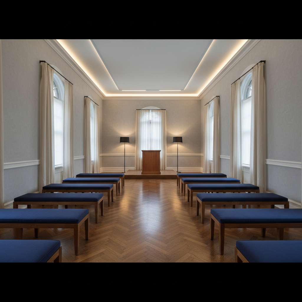 A panoramic digital artwork of an original, non-generic prayer space prepared for a Sephardic minyan, avoiding typical synagogue imagery. The room is a long, elegant salon in a DC townhouse with high ceilings, pale gray walls, and tall windows dressed in simple linen curtains. Low, dark-wood benches with plush, deep-navy cushions are arranged in two facing rows, leaving a central aisle of polished herringbone wood. At the far end, a modest raised platform supports a beautifully grained hardwood lectern, free of text or symbols, flanked by tall, minimal floor lamps that cast warm, focused pools of light. The rest of the space is lit by soft, indirect ceiling fixtures, creating a gentle gradient from bright front to slightly shadowed rear. Captured at eye level with wide-angle perspective, the atmosphere is traditional, dignified, and inviting.