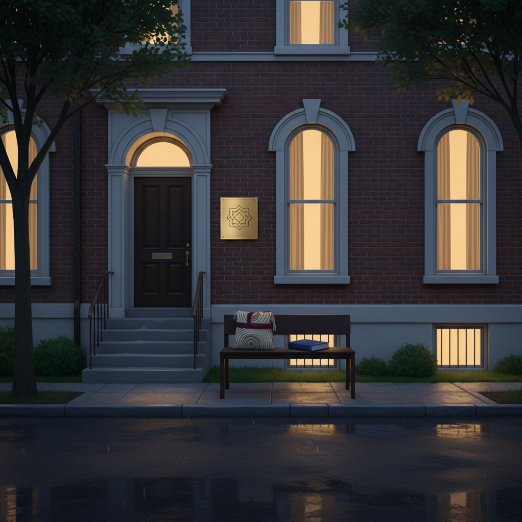 A serene digital artwork of a Washington, DC townhouse exterior subtly transformed into a Sephardic minyan gathering place, shown at dusk. The classic brick façade with tall, narrow windows is accented by a simple, modern brass plaque beside the door bearing no text but a refined geometric engraving. Warm light glows softly from within, creating a welcoming contrast against the cool, bluish evening sky. On the small stoop, an elegant, dark-wood side bench holds a closed, fabric-covered book and a folded tallit bag rendered with abstract patterning rather than explicit symbols. The composition is framed from across a quiet residential street, eye-level, with gentle reflections on wet pavement hinting at a recent rain. The mood is peaceful, understated, and sophisticated, suggesting community and Shabbat warmth without any visible figures.